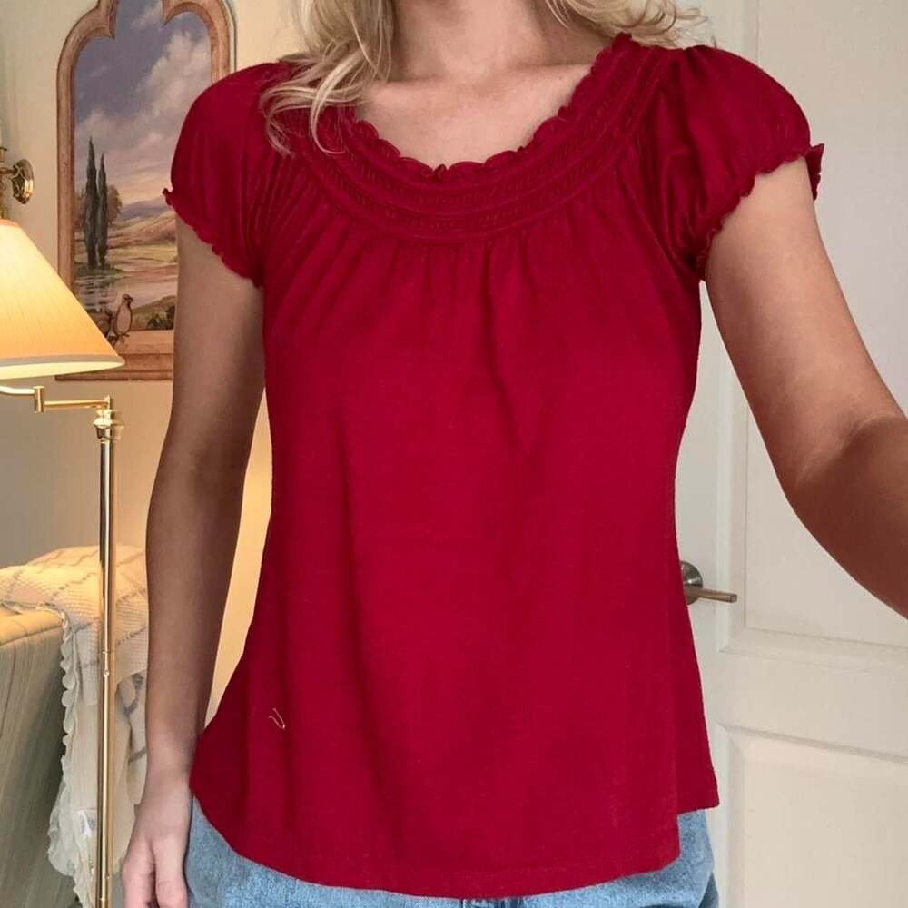 New Directions Red Babydoll Blouse Ruffle Neckline